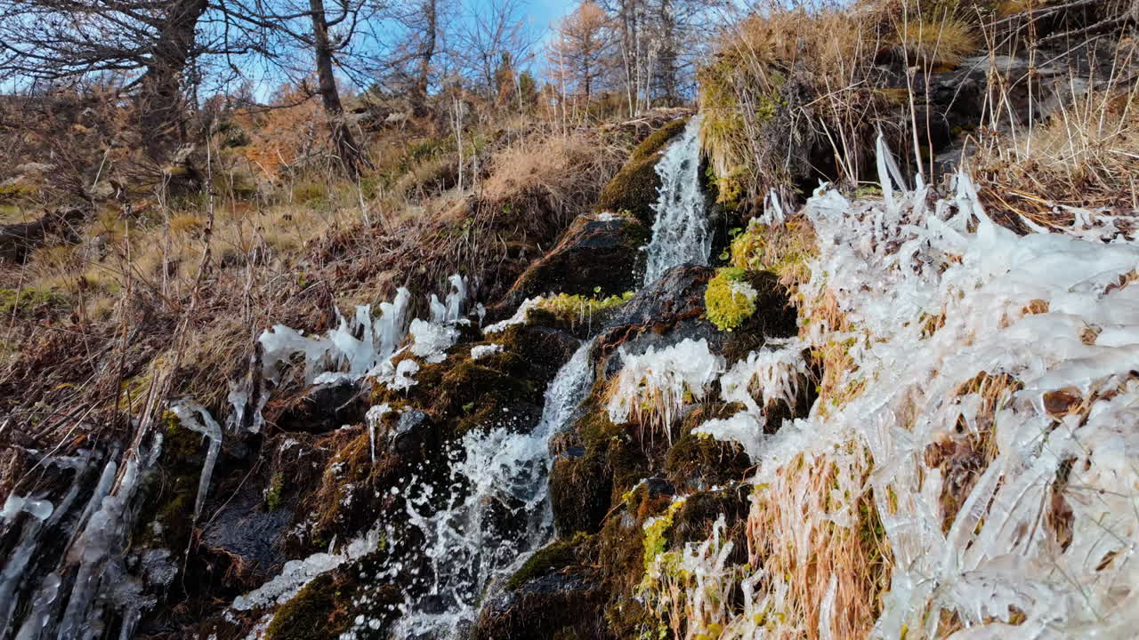 Icy stream cascades through autumn forest in slow motion, serene nature scene
