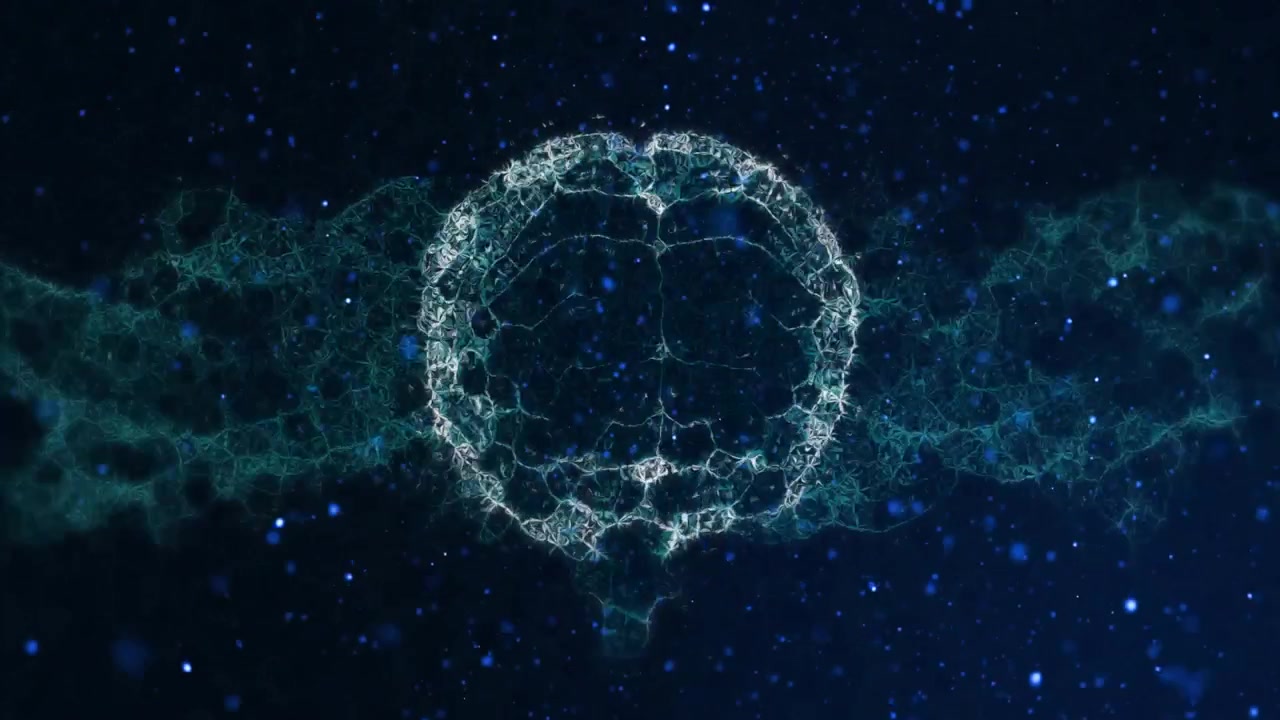 Opening on dark space, wireframe brain emerging, rotating and dissolving for neural visualization