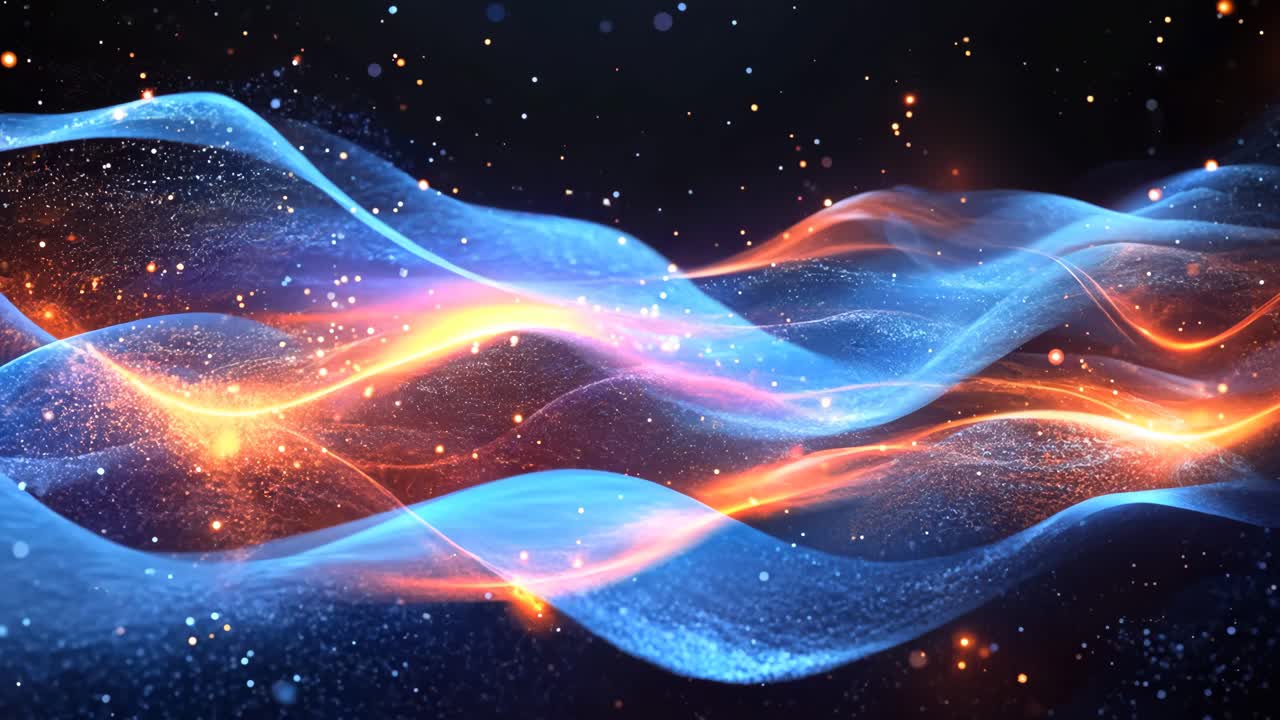 A blue wave with orange and yellow streaks. The blue wave is surrounded by a lot of orange and yellow sparks