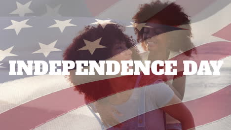 animation of independence day text, flag of america, african american mother piggybacking daughter