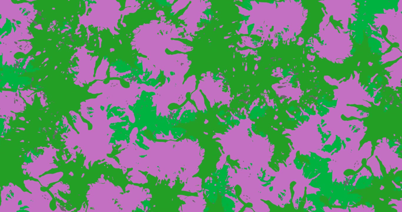 Animazione digitale di schizzi di vernice viola e verde con spazio per il testo su sfondo nero.