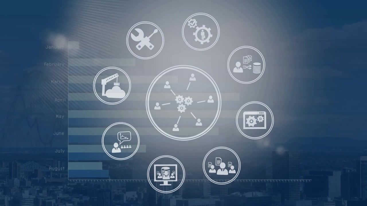Animation of computer icons in circles over bars and months name against aerial view modern city