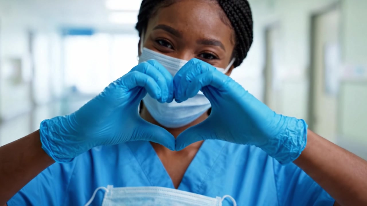 Un Professionista Sanitario Dedicato in Divisa Medica Dimostra Compassione e Cura Formando un Cuore con le Mani, Sottolineando i Valori Essenziali della Medicina