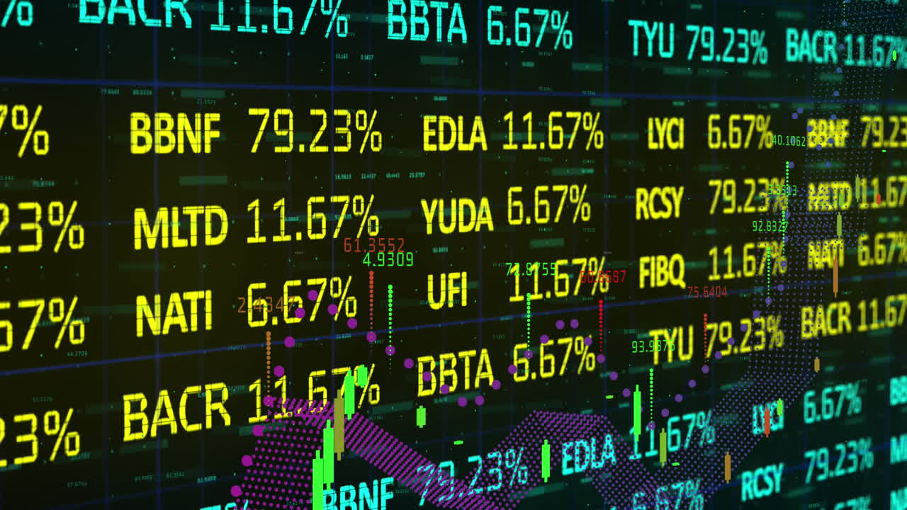 Animazione di elaborazione dati con mercato azionario su sfondo nero