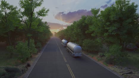 two gasoline tanker semi truck on asphalt road. silver fuel semi truck fast driving on straight freeway in countryside dense forest