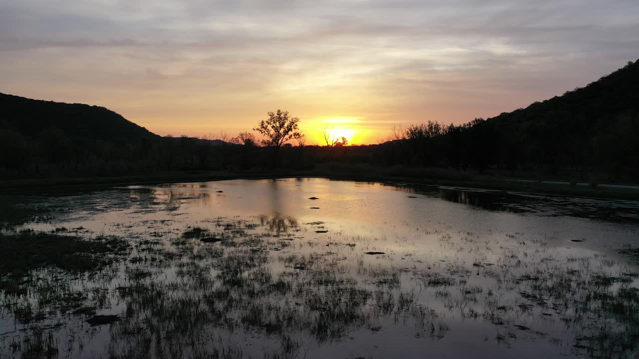 Auringonlasku tyynen lammen ja metsän yllä
