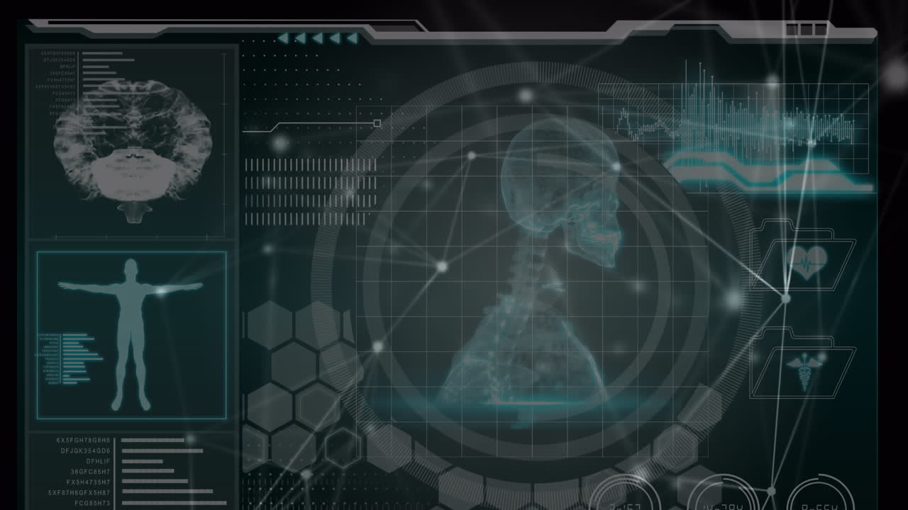 animación de la red de conexiones y procesamiento de datos médicos sobre fondo negro