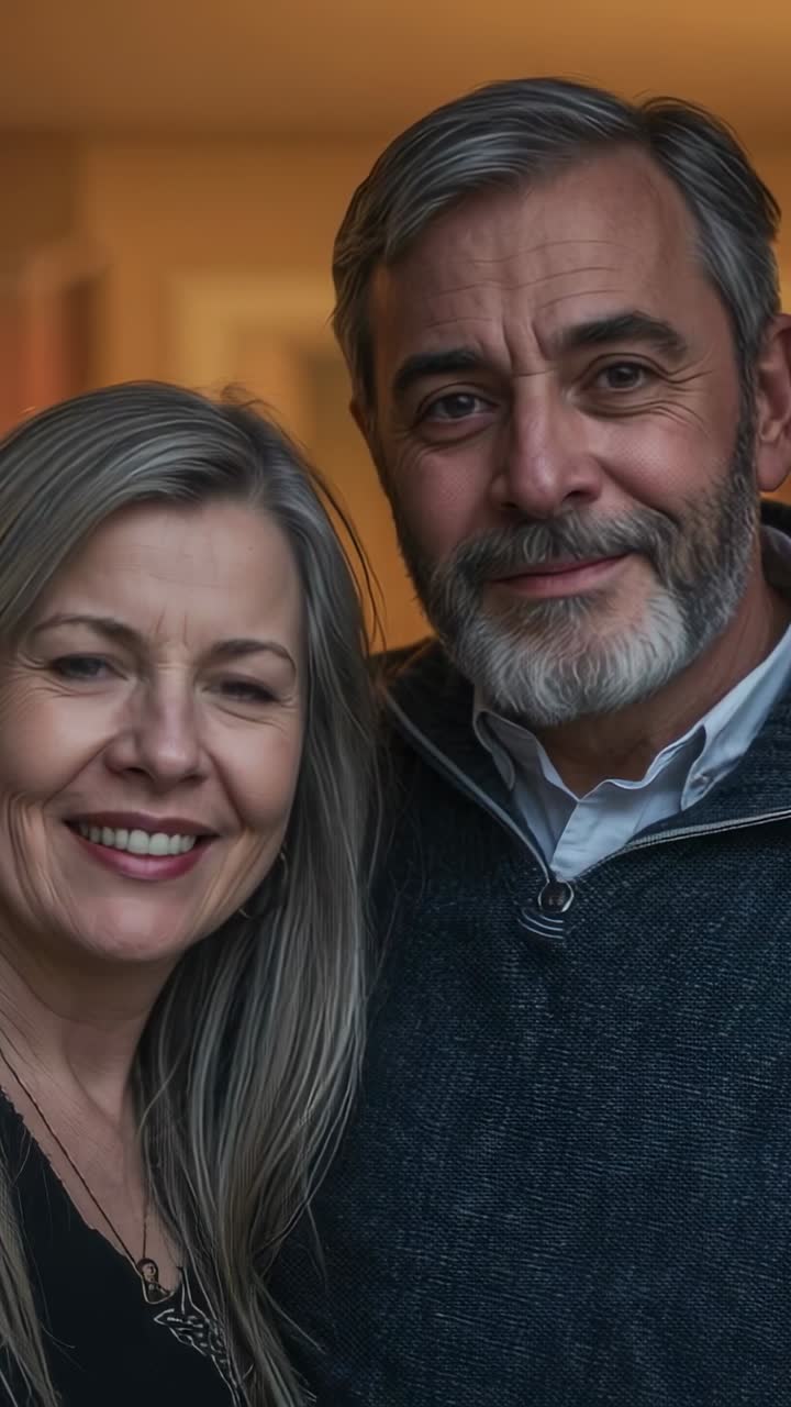 Vídeo vertical: Casal idoso posando ao sinal da câmera na porta, homem inclinando-se para a mulher, pingente, suéter.