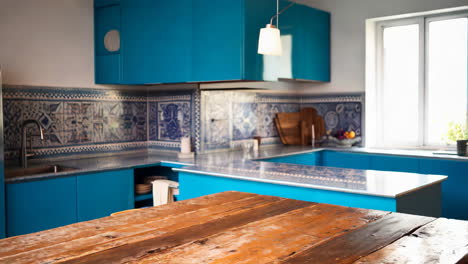a modern kitchen with blue cabinets and patterned tile backsplash