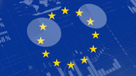 animation of financial data processing and flag of european union