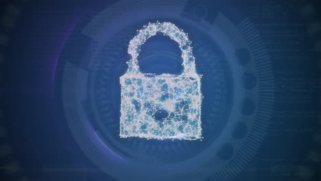 animación de un candado digital sobre un fondo azul con círculos giratorios