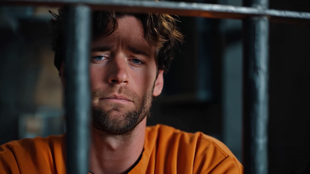 Man in orange, behind bars, looks weary. His eyes close, then open, showing sadness. He rests his head, hand on his forehead. He appears defeated, lost, or regretful. This evokes prison, isolation