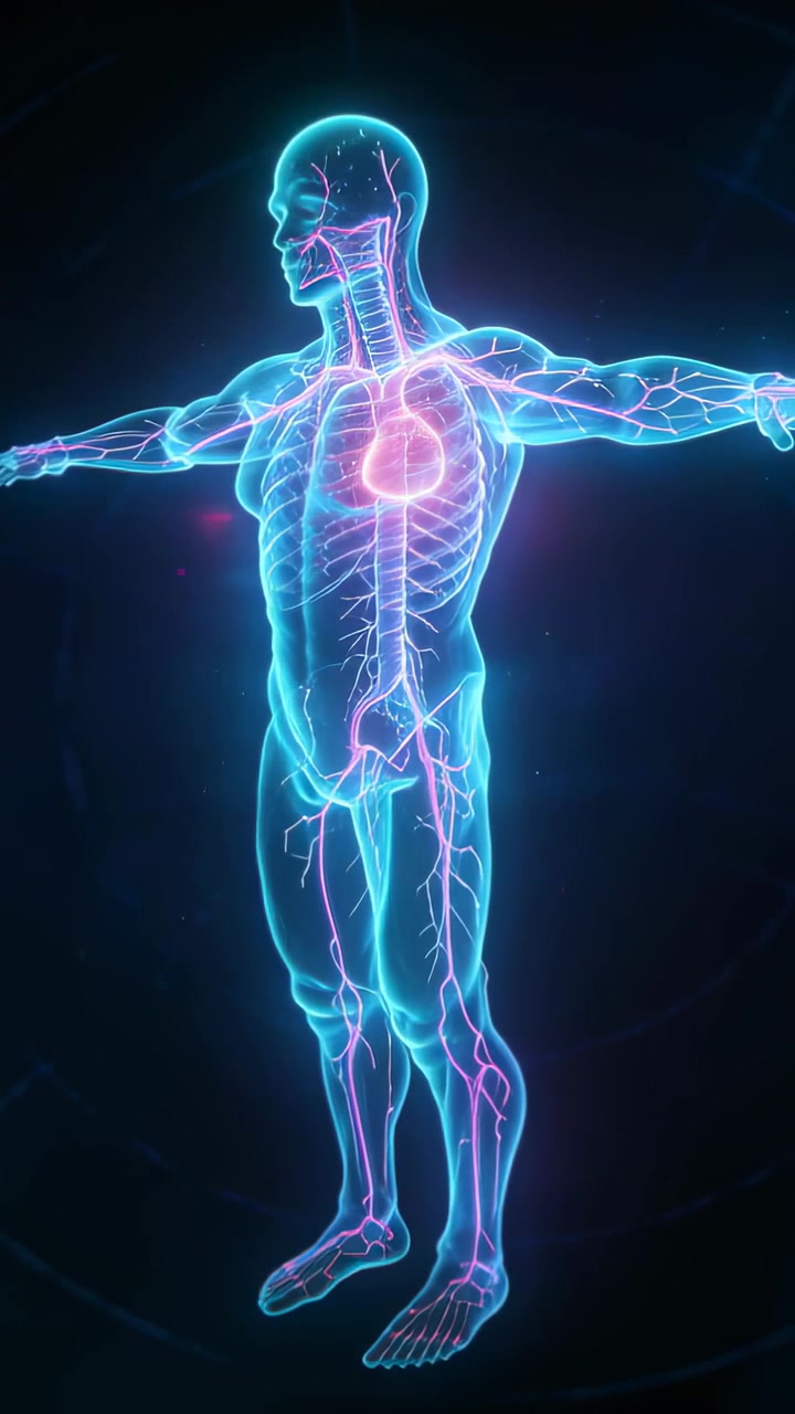 Vertical video: On start, rotating hologram showing left vessels and glowing heart in dark void