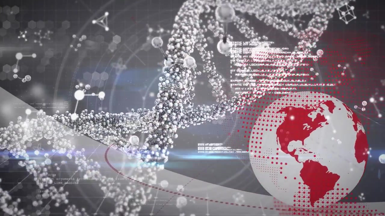 Elica di DNA digitale e globo rotante con sovrapposizione di dati