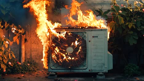 a large air conditioner on fire in front of a building