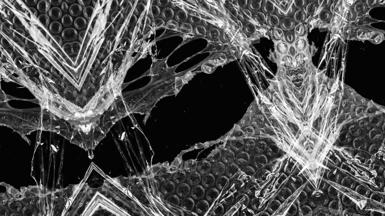 Vista astratta di pluriball strappato in movimento su sfondo nero