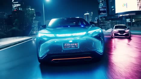 futuristic electric car driving through city at night