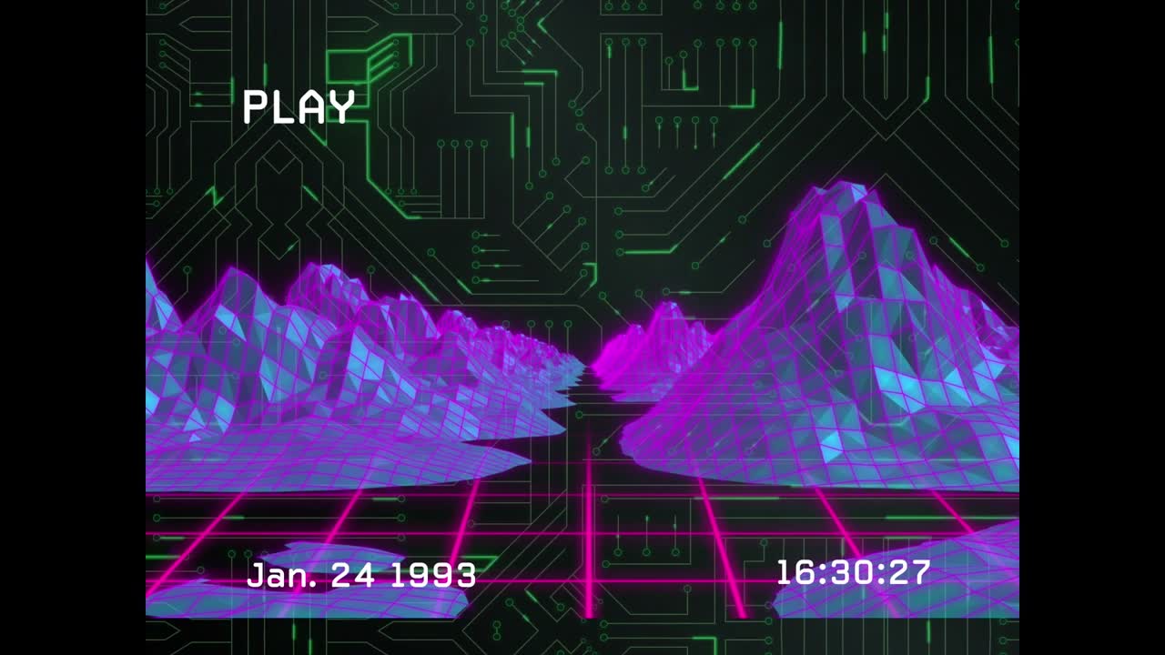 Animação de interferência sobre montanhas digitais e placa de circuito de computador em fundo preto