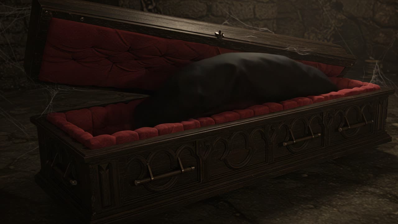An Intriguing View of an Open Coffin with Luxurious Red Interior, Set Against a Mysterious and Dark Background, Evoking Themes of Death and the Supernatural