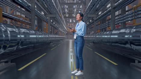 full body side view of asian female worker with her phone in a in big warehouse filled with metal pipes, she observes by looking around before she come to concentrating with her smartphone