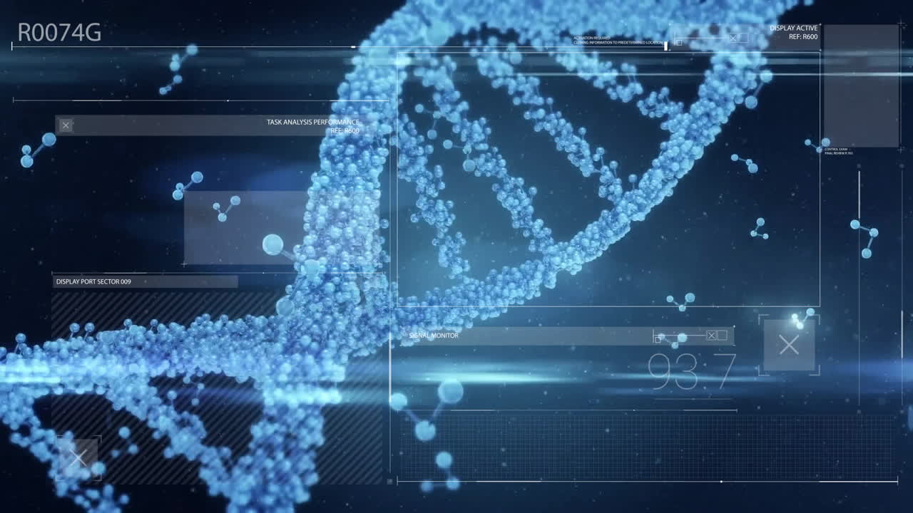 Animation of digital data processing and dna strand