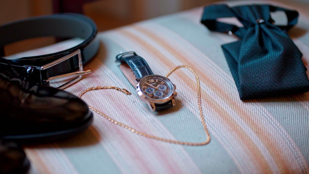 Orologio elegante, cravatta, cintura e scarpe simboleggiano lusso e stile