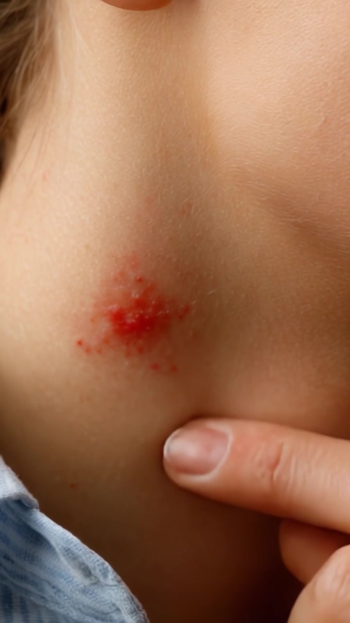 Vista ravvicinata di una condizione della pelle: una prospettiva dettagliata su una lesione infiammatoria nella zona del collo, che evidenzia sintomi e considerazioni sulla cura personale.