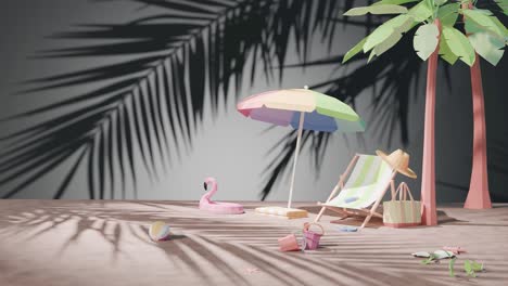 animación de renderización 3d de vacaciones en vacaciones tropicales en una playa soleada con paraguas para tomar el sol y un fondo negro de palma