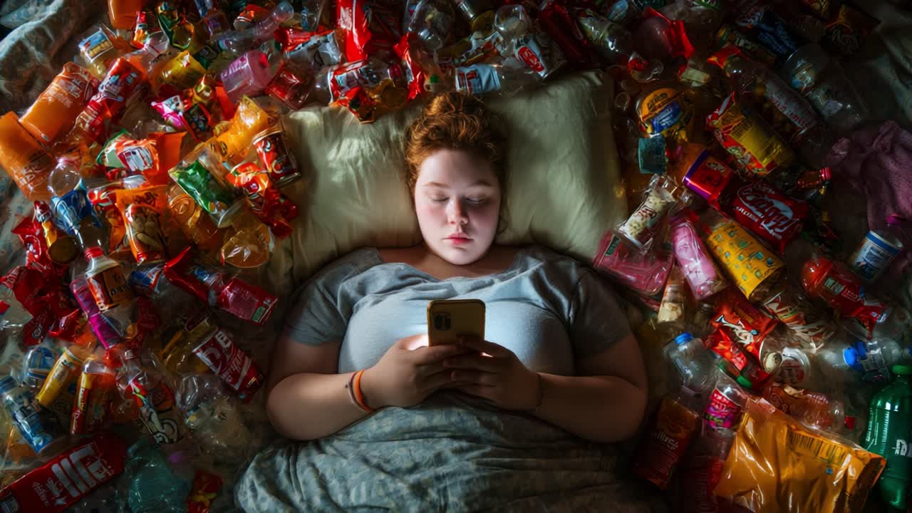 A Scene of Isolation: A Young Individual Surrounded by Waste from Discarded Snacks and Beverages, Engrossed in a Phone While Nestled in a Bed Amongst Plastic Waste