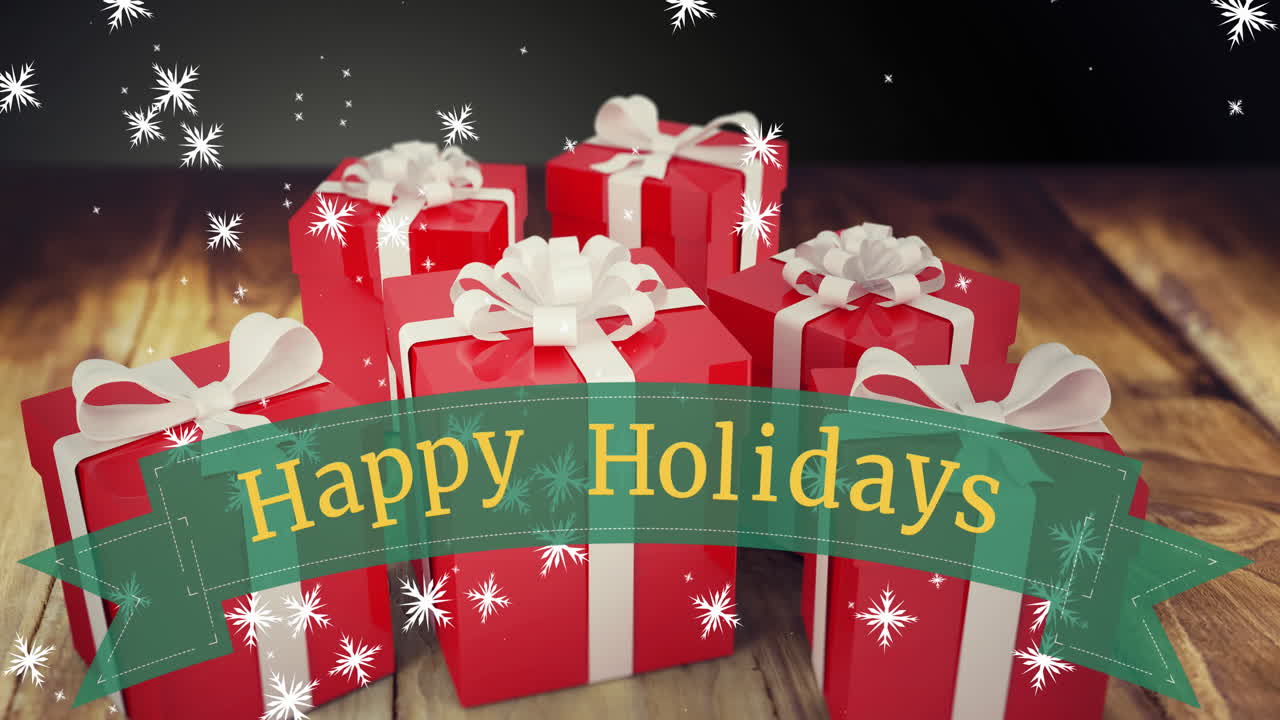 Animation of christmas happy holidays on banner over presents on wooden background