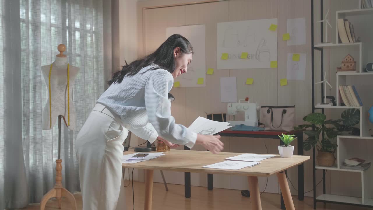 사무실에서 배그 스케치 레이아웃을 배열하는 여성 디자이너의 뒷면