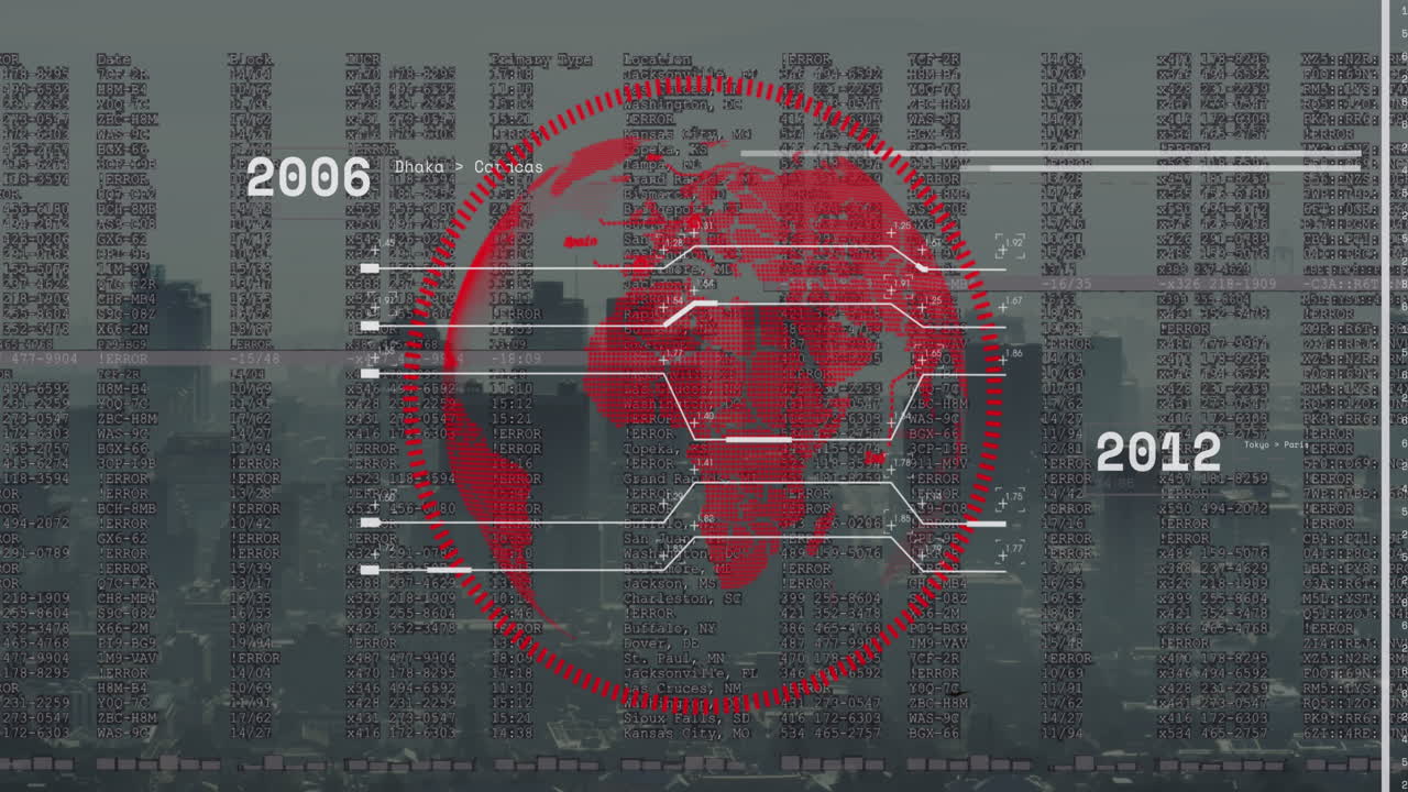 анимация вращающегося глобуса в круге, изменяющегося числа над современным городским пейзажем