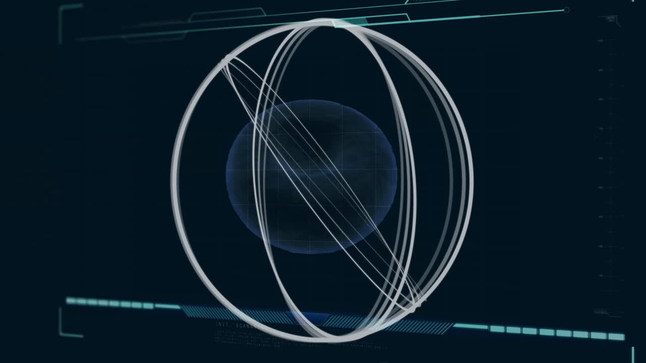 Animation of wireframe sphere rotating over digital interface with blue accents