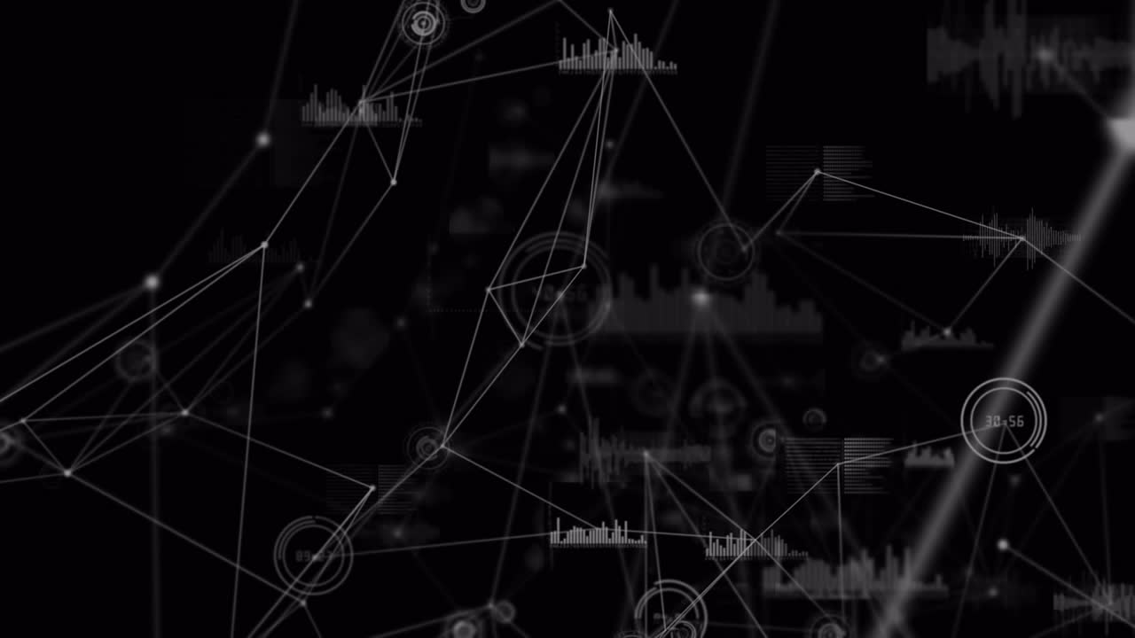 Digital animation of network of connections and data processing against black background