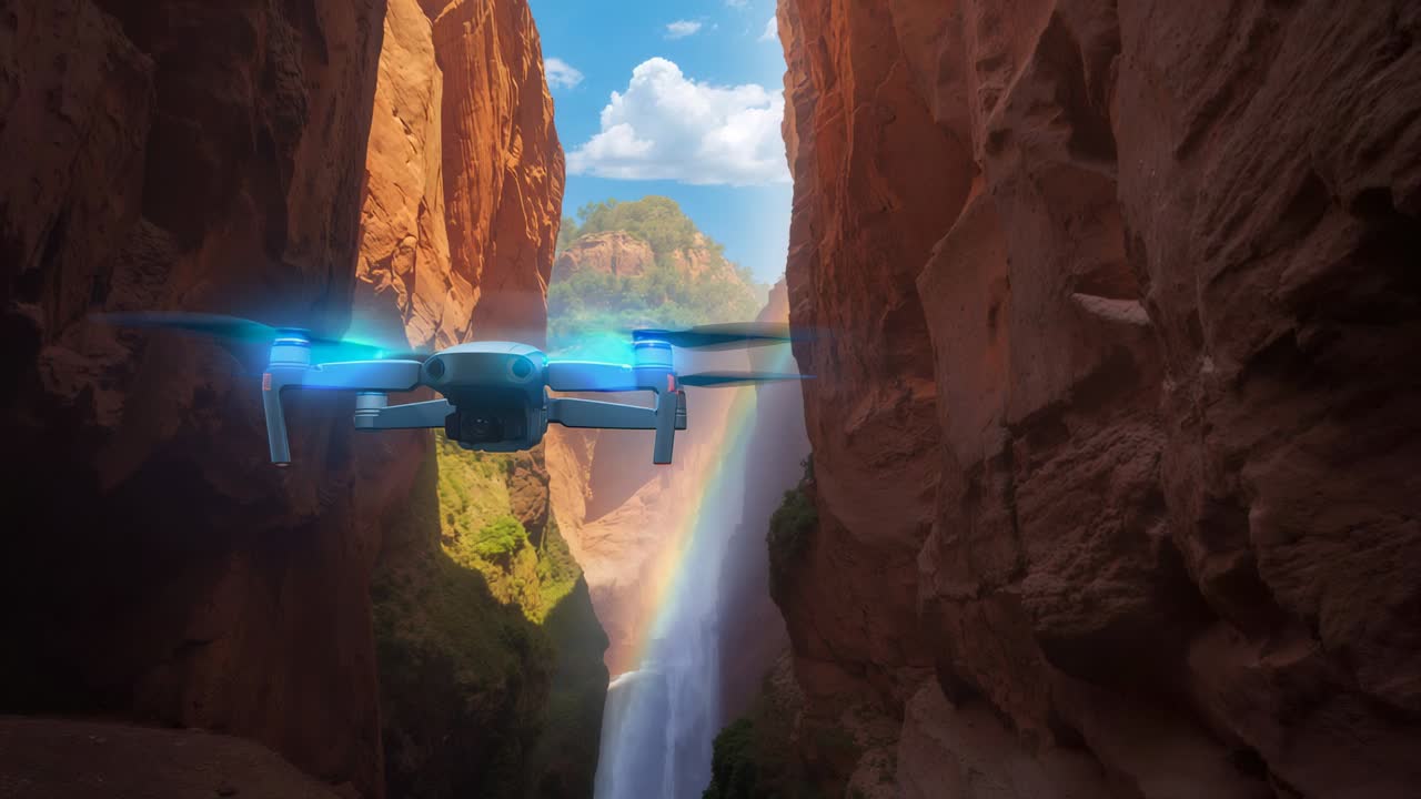 Rotors spinning sending small drone with blue LEDs into red canyon to waterfall, filming rainbow