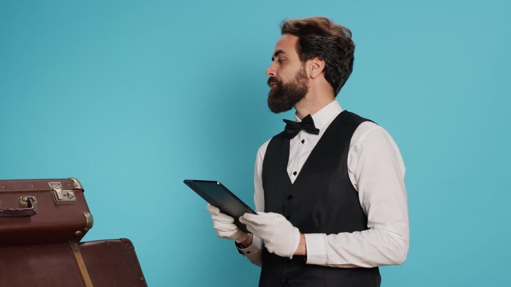 Male bellhop working on tablet