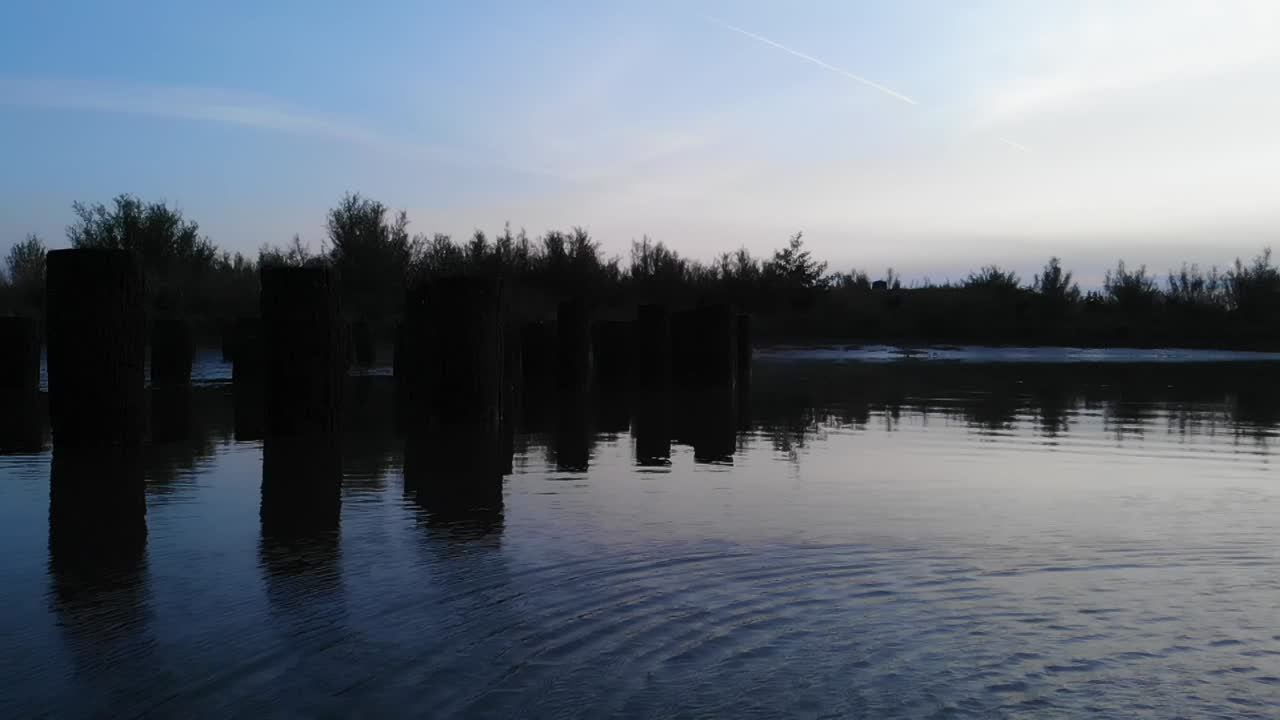 실루엣이 있는 나무들은 고요한 강둑에 앉아 장엄한 일몰 속에 산업 도시와 아치교를 드러냅니다.