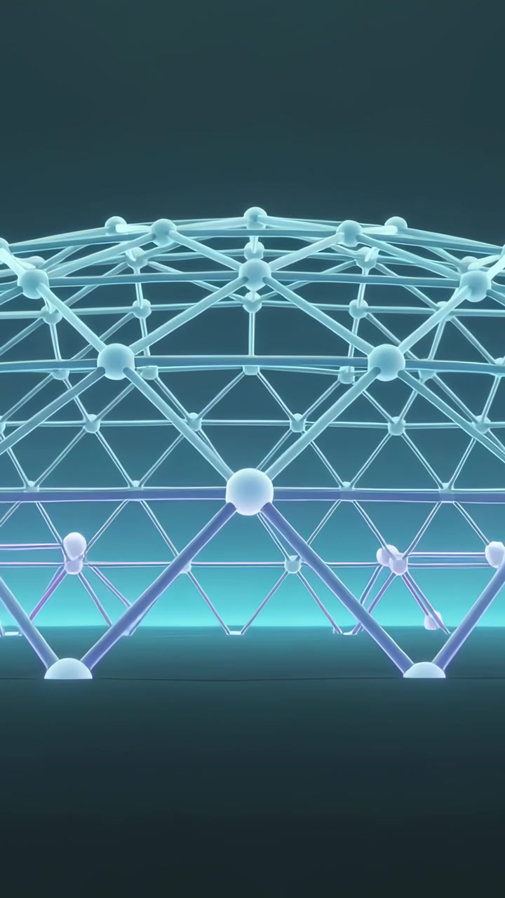 Vertical video: Forming geo dome, center node glowing, extending rods down above band for symmetry