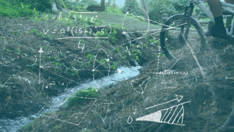 mathematical equations and diagrams against man cycling in the forest