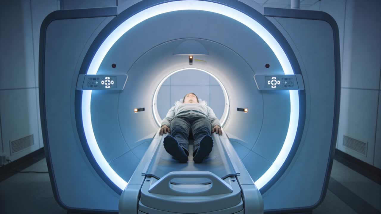 Tavolo motorizzato scorrevole che sposta un paziente con top grigio nello stativo in ospedale, LED accesi per l'imaging