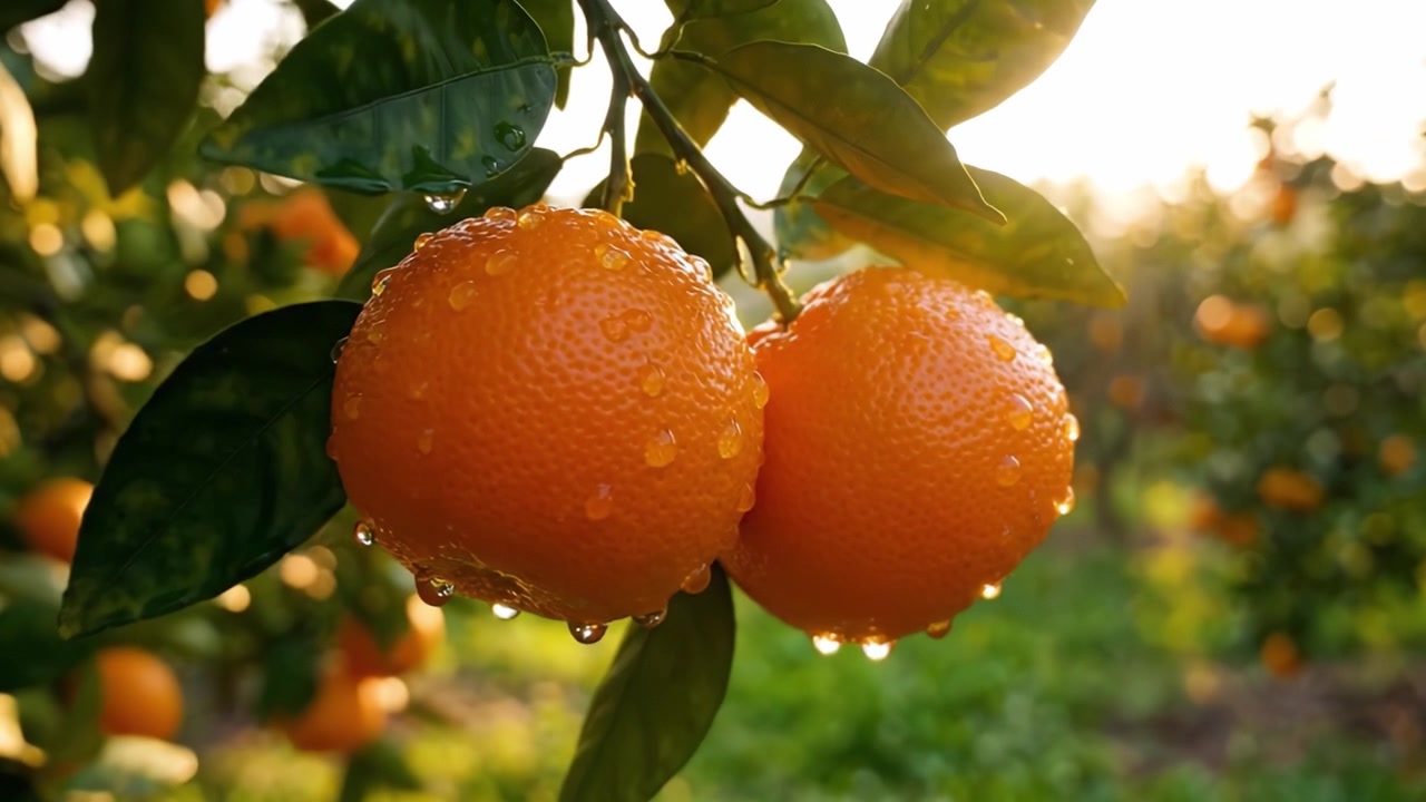 Arance vibranti sull'albero che brillano alla luce dorata del sole, catturando l'essenza della freschezza e della bellezza naturale in un sereno ambiente di frutteto.