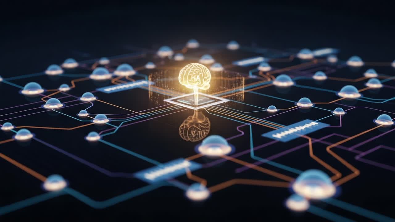 A Stunning Visualization of Artificial Intelligence with a Glowing Brain Concept Embedded in an Intricate Circuit Board Design, Showcasing the Future of Technology and Connectivity