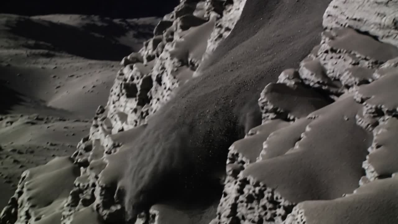 Una chiazza di regolite che scorre e si muove giù per una ripida scogliera, innescata da uno scivolamento dovuto alla gravità, riempiendo le sporgenze.