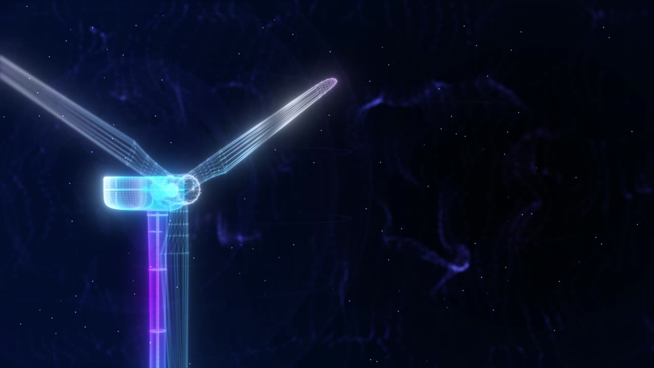 4k 루프 풍력 공장 기술 배경, 홀로그램, 풍력 터빈 녹색 에너지 개념