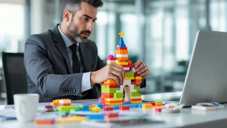professional businessman constructing colorful building block castle on office desk, representing strategic planning and innovative corporate creativity