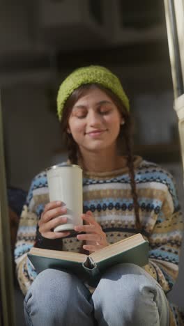 teenage girl reading a book while drinking coffee outside a van