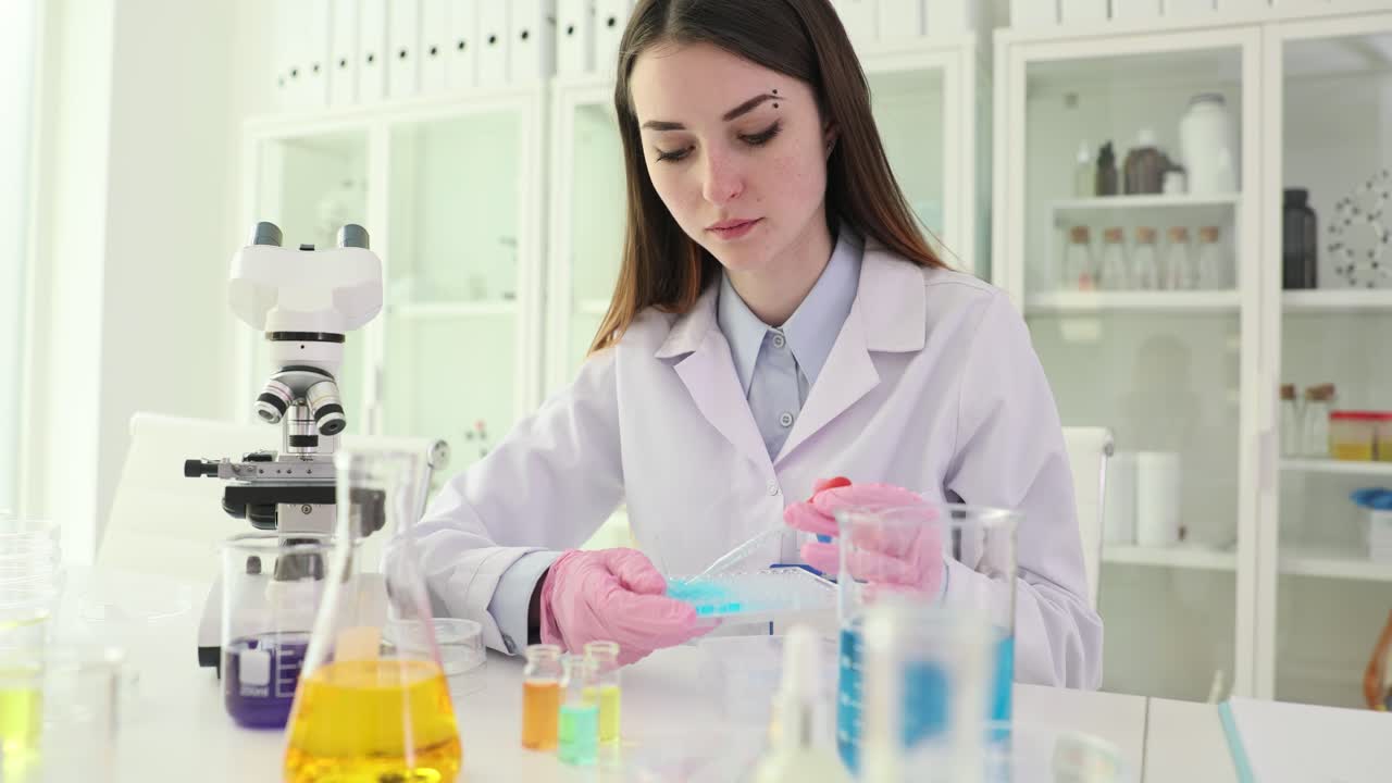 A young female scientist conducting an experiment in a laboratory
