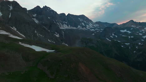 Aerial-cinematic-drone-magical-summer-sunset-dusk-Mount-Sniffels-wilderness-lower-Blue-Lakes-Southern-Colorado-San-Juan-Ridgway-Telluride-Silverton-Ouray-Rocky-Mountains-lush-green-forward-movement