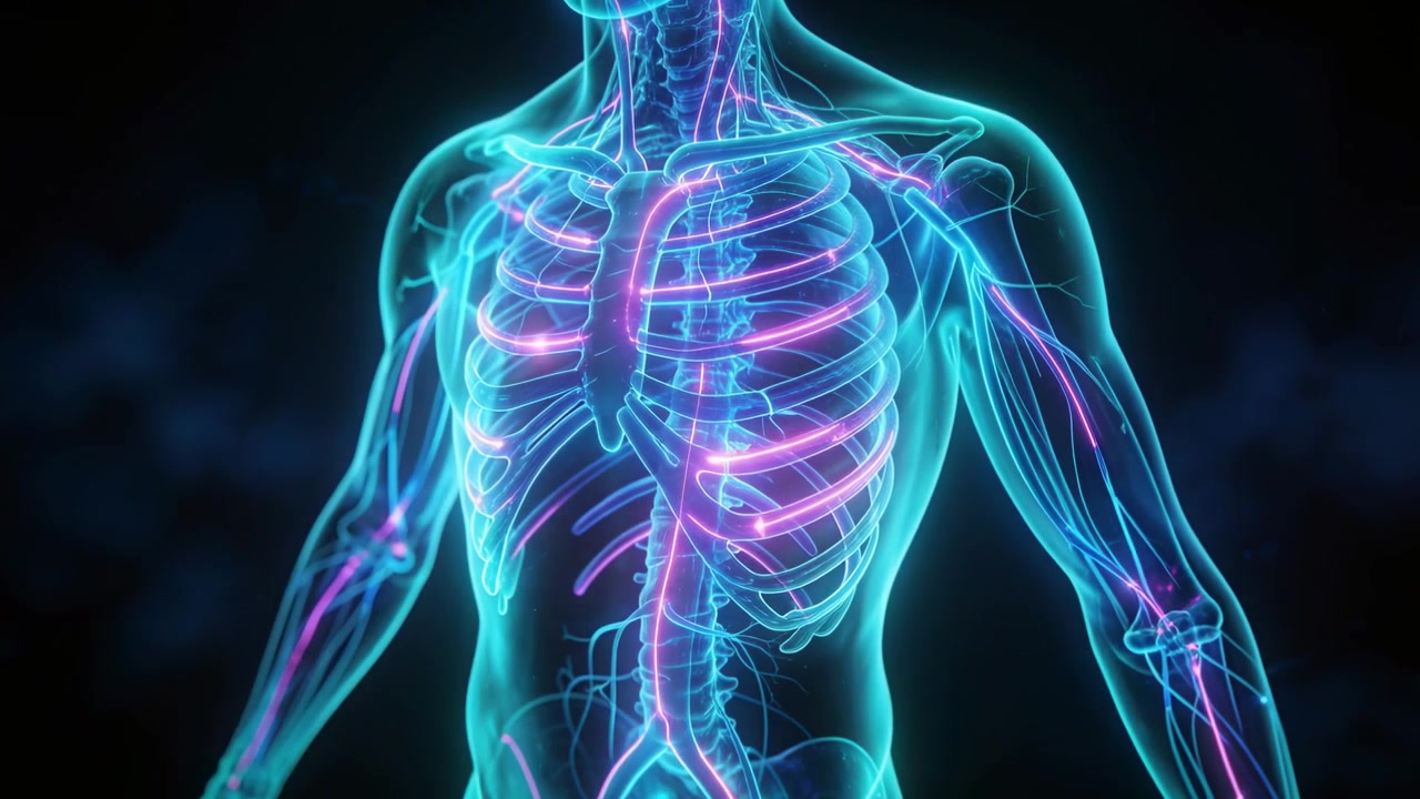 Starting animation, glowing torso rotating left in CGI, pulsing along ribcage spine showing vessels