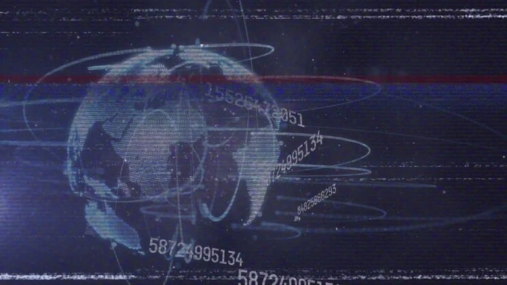 Animation of interference over data processing and globe on black background
